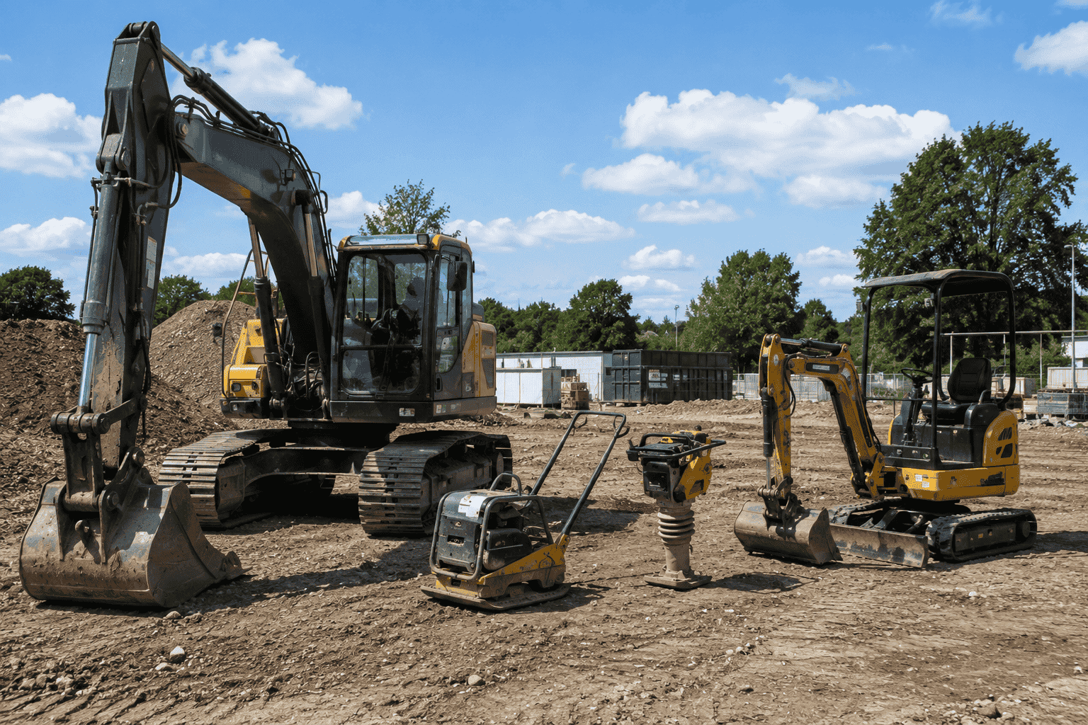 Bagger, Minibagger, Rüttelplatte und Stampfer auf einer Baustelle